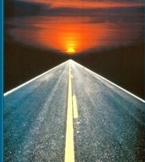Open road to destination (sunset)